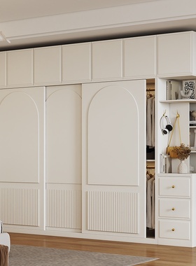 奶油风推拉门衣柜简约现代白色卧室储物柜子小户型家用滑移门衣橱