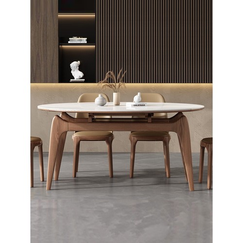 洞石岩板餐桌椅组合现代家用折叠方变圆形伸缩实木猫耳朵吃饭桌子