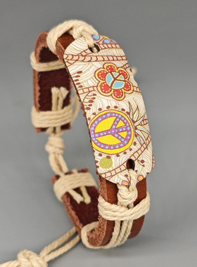 欧美流行日韩麻绳编织学生手链复古风烫画和平标志皮革女