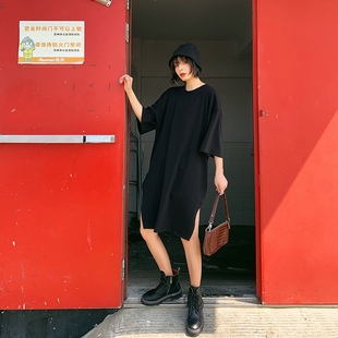短袖t恤女韩版纯棉宽松中长款下摆开叉大码慵懒风懒人上衣打底衫
