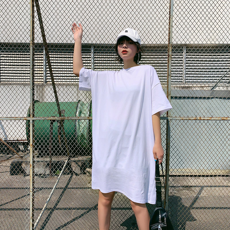 中长款短袖t恤女夏季韩版宽松显瘦慵懒风过膝胖mm纯棉大码T恤裙