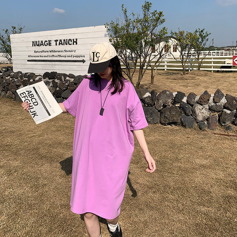 胖mm宽松大版长款百搭纯棉T恤裙女彩色大码显瘦遮肉百搭短袖打底
