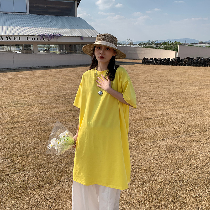 明黄色纯棉大码宽松短袖T恤女