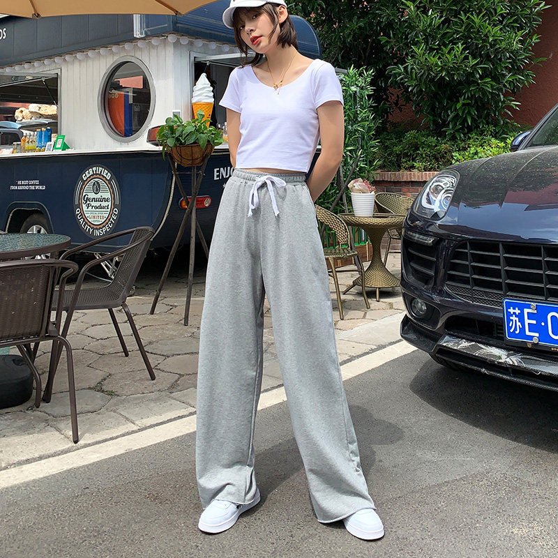 春夏阔腿裤女拖地裤灰色卫裤高腰运动休闲裤薄款宽松大码直筒长裤
