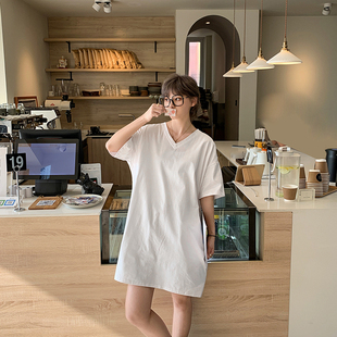 韩版夏季短袖t恤女v领中长款宽松过膝纯棉连衣裙大码慵懒风懒人裙