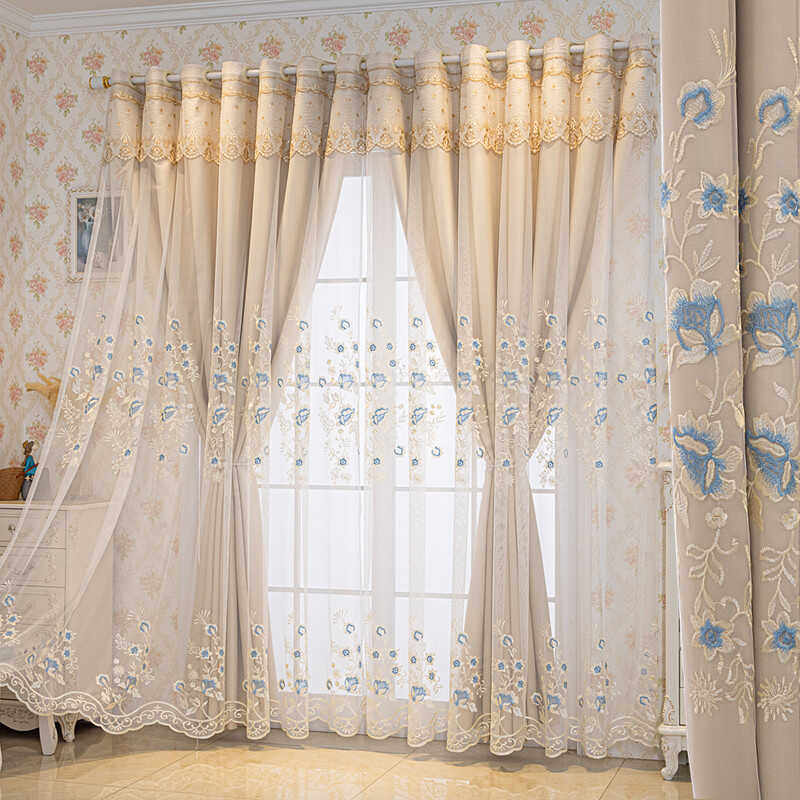 简约欧式双层加厚遮光布纱一体成品客厅卧室奢华大气清新绣花窗帘
