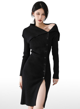 P1US秋冬内搭露肩纯欲风辣妹修身性感包臀针织裙打底黑色连衣裙女