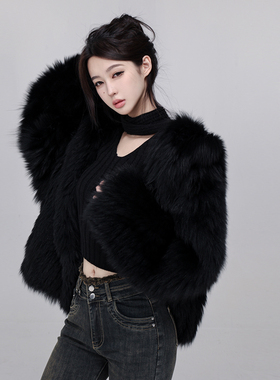 P1USONEQ 黑色100%狐狸毛连帽编织皮草外套气质名媛年轻短款