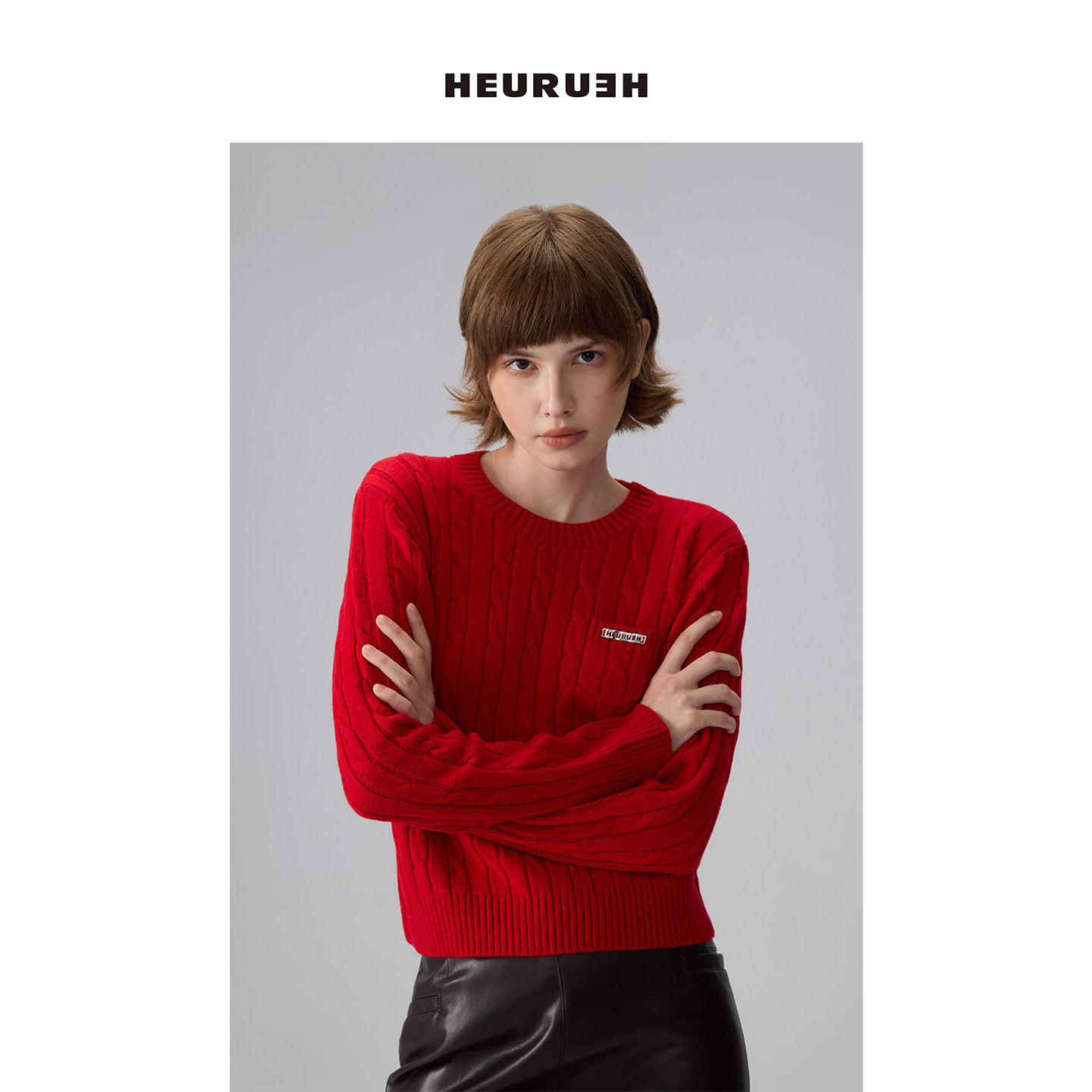 HEURUEH圆领红色绞花毛衣