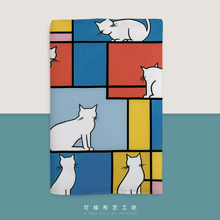 蒙德里安艺术感猫咪手工手绘布书衣定制创意布面书套美式书本保护