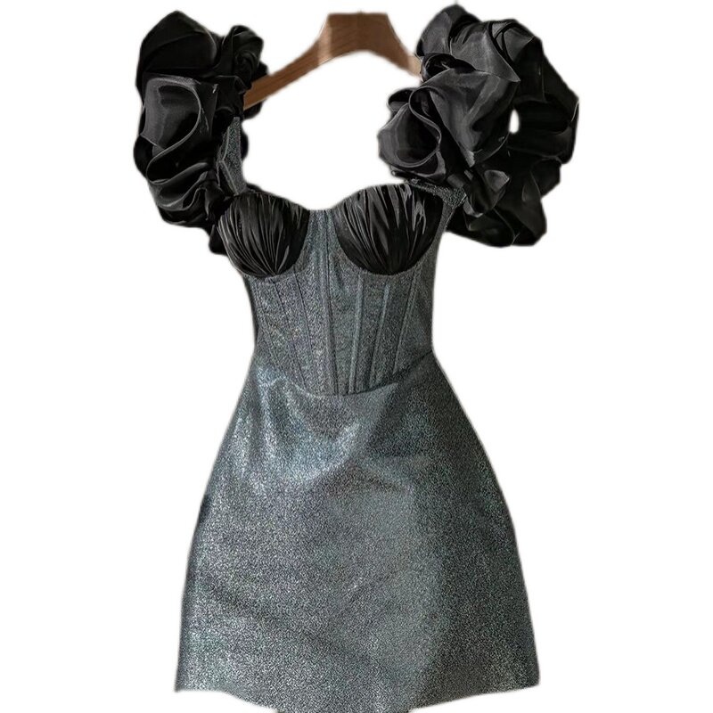 재고 정리 상품 주워 누락 꼬리 싱글 컷 라벨 여성복 빅 브랜드 오리지널 대외 무역 배색 스퀘어 넥 허리 버드 슬리브 원피스 짧은 드레스