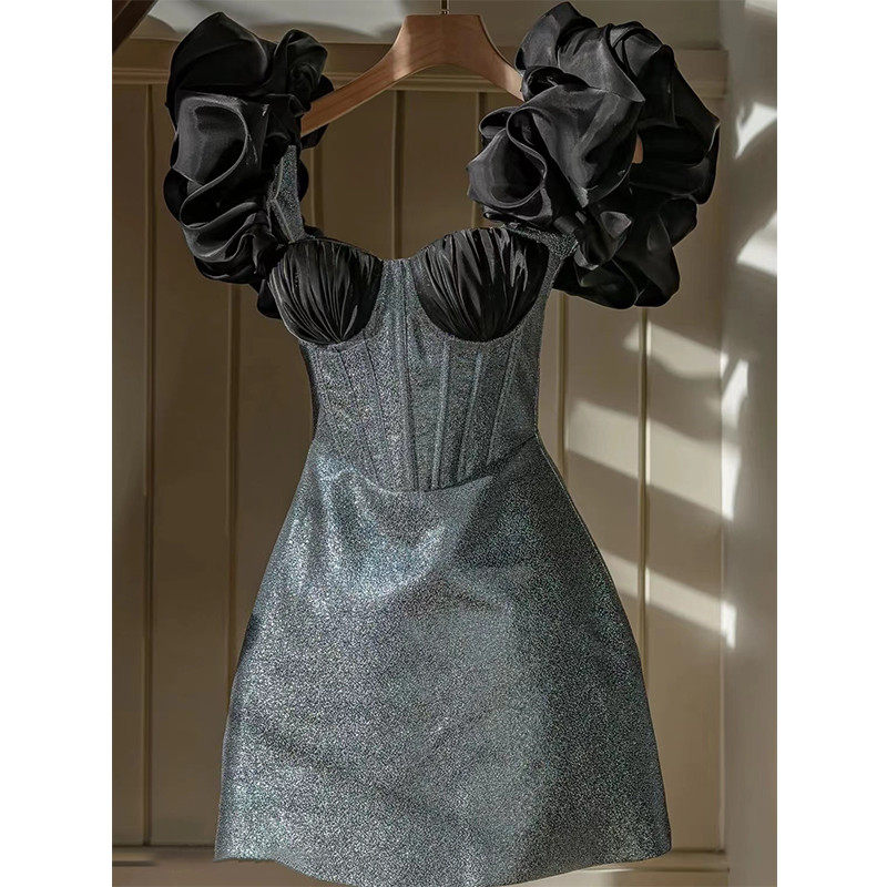 재고 정리 상품 주워 누락 꼬리 싱글 컷 라벨 여성복 빅 브랜드 오리지널 대외 무역 배색 스퀘어 넥 허리 버드 슬리브 원피스 짧은 드레스