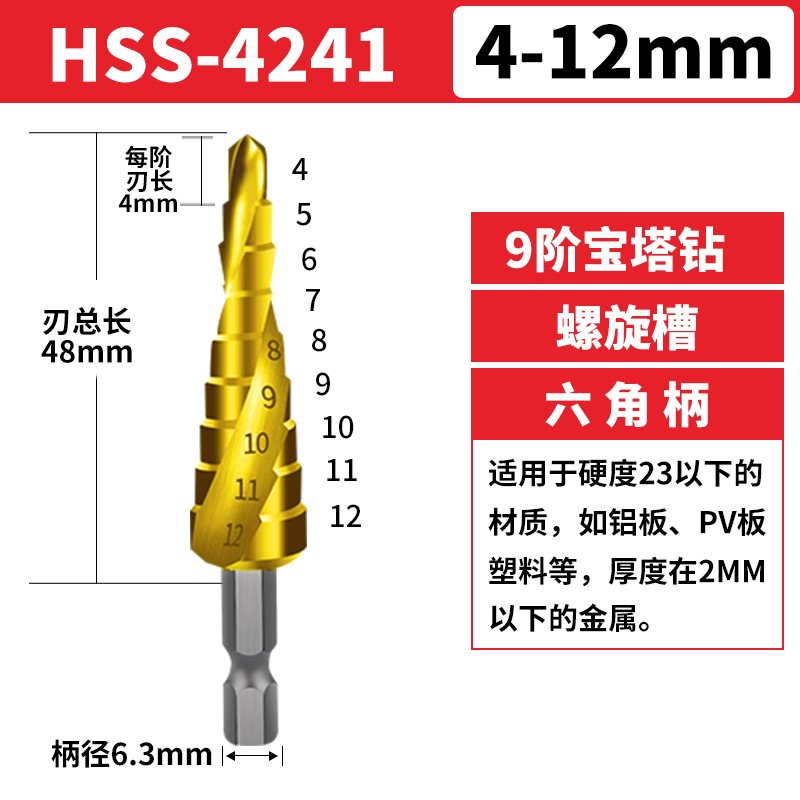 戴恩工具宝塔钻头4-12九阶