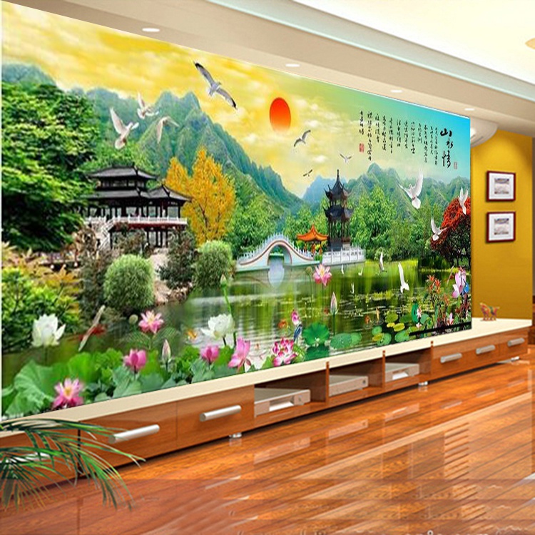 3d花鸟山水风景壁画卧室沙发办公室墙纸中式山水情客厅背景墙壁纸