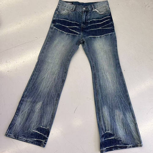 固色工艺双拼闪电纹微喇蓝牛仔