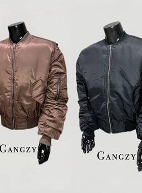 Gangzy美式弯刀丝绸亮面bmober结构廓形抽褶棉服短款保暖飞行夹克