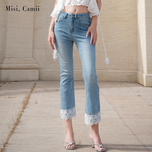 Misi.Camii钉珠蕾丝边八分牛仔裤