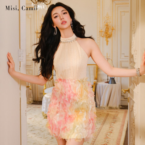 Misi.Camii烫钻立体花拼接连衣裙