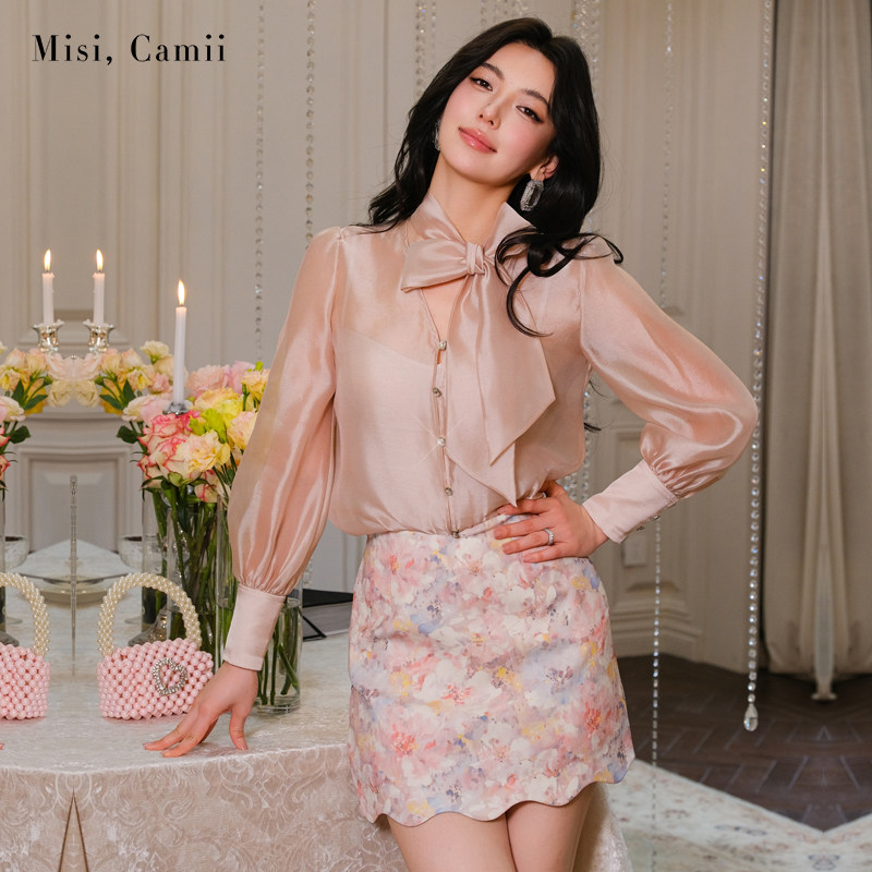 Misi.Camii钻饰灯笼袖薄纱衬衫