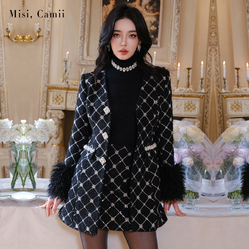 Misi.Camii毛袖钻饰格纹珠片外套