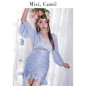 Misi.Camii早秋新款设计师品牌名媛时尚V领满烫钻抽褶长袖连衣裙
