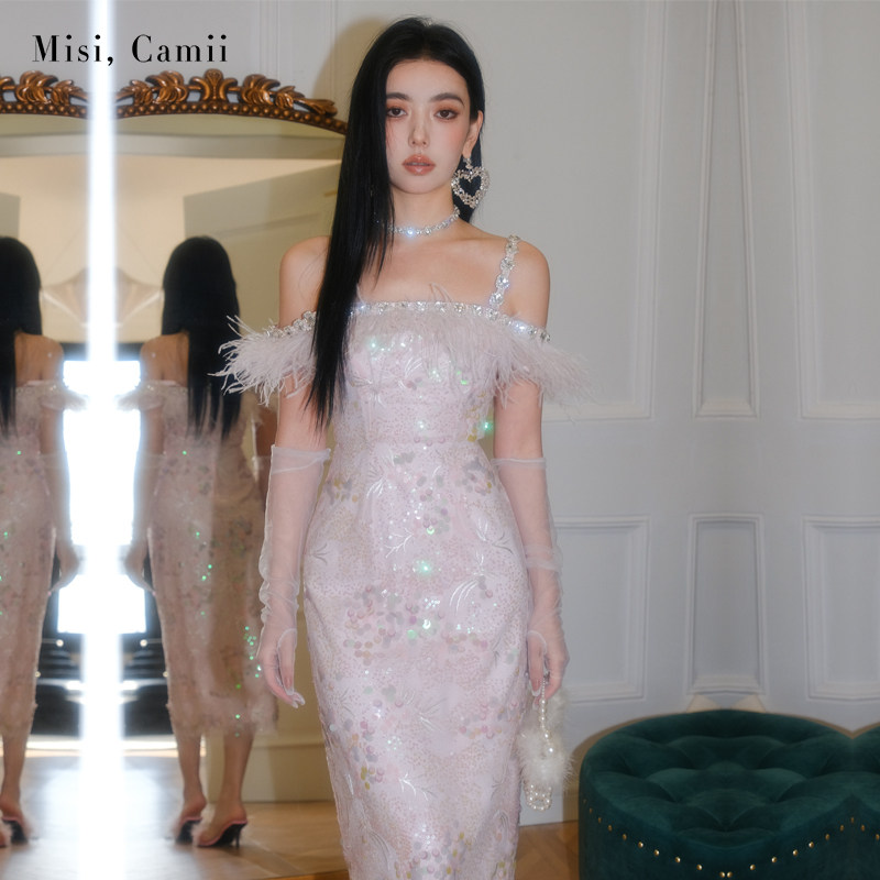 Misi,Camii轻奢长裙聚酯纤维镶钻