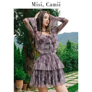 Misi.Camii钻饰灰色晕染两件套吊带裙长袖坎肩百搭灯笼袖连衣裙