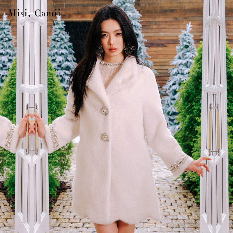 钻饰翻领环保毛中长大衣外套