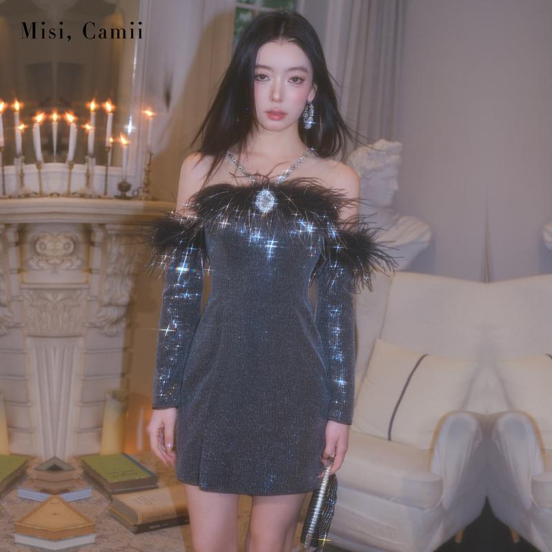 Misi,Camii名媛一字肩裙珠片羽毛