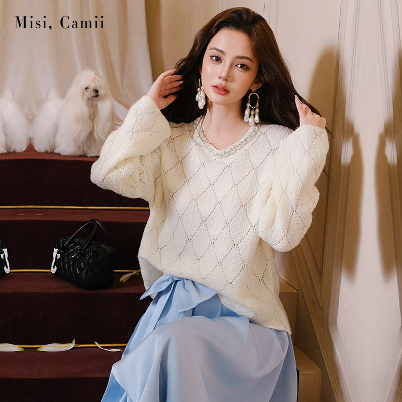 Misi.Camii珠链烫钻宽松套头毛衫