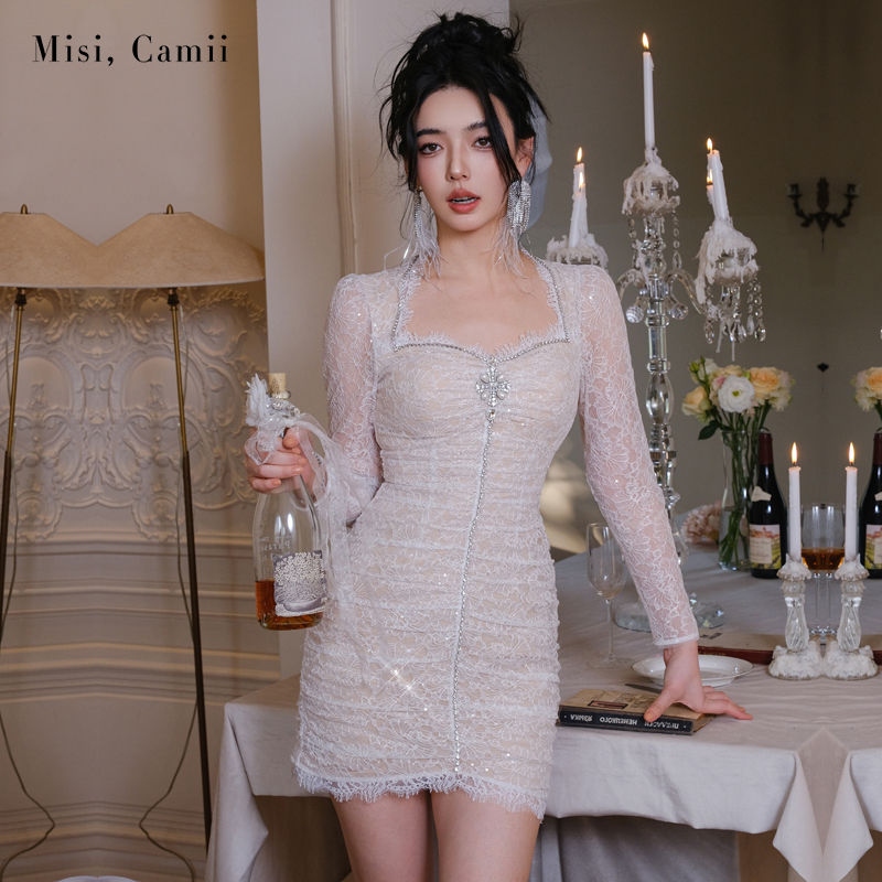 Misi.Camii珠片蕾丝褶皱连衣裙