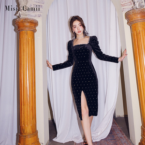 【张雨绮同款】Misi,Camii秋冬新款修身小香风烫钻丝绒连衣裙女