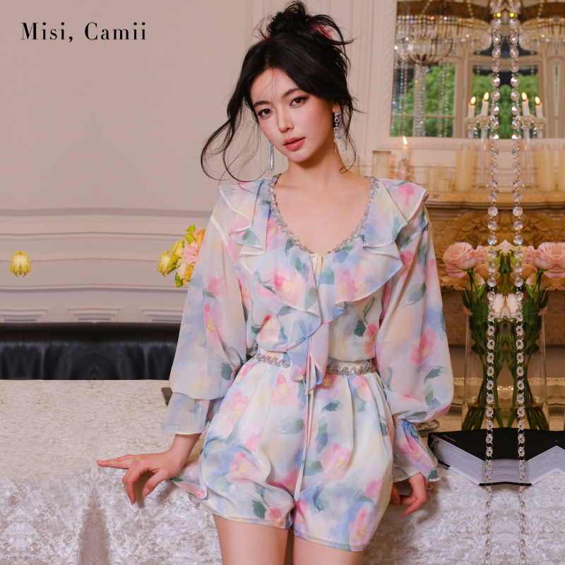 Misi.Camii钻饰印花荷叶边领上衣