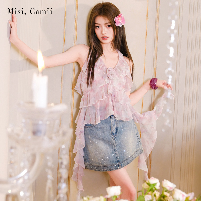 Misi.Camii粉彩蝴蝶雪纺挂脖上衣