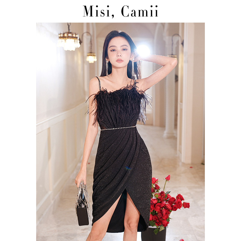Misi.Camii早春新款礼服高端轻奢小众羽毛高开叉抹胸连衣裙名媛风