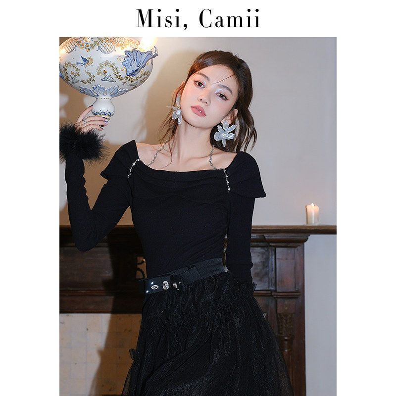 【商场同款】misi,camii2023早春新款钻链挂脖羽毛黑色针织衫上衣