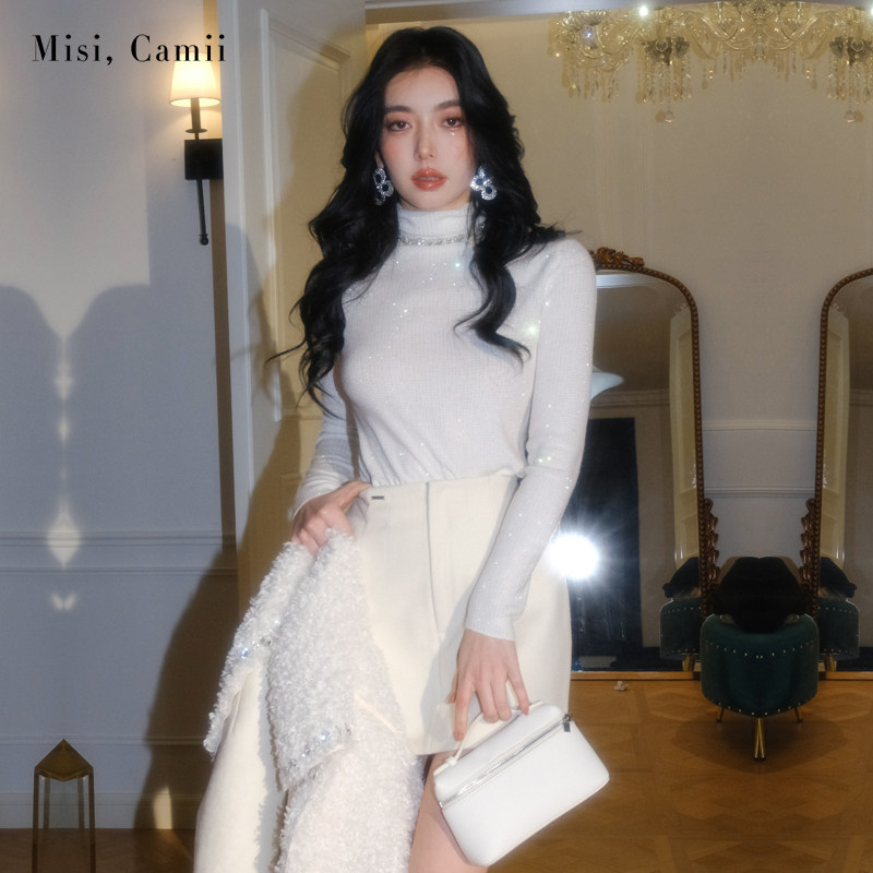 Misi.Camii冬季新款女士满烫钻高领直筒毛衫名媛轻奢时尚百搭打底