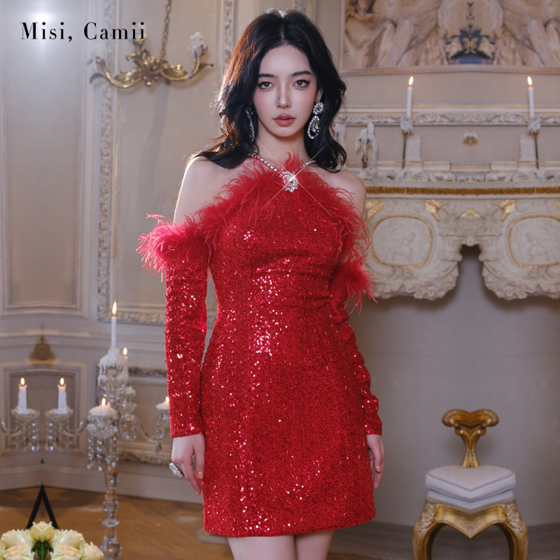 名媛风钻饰挂脖亮片丝绒礼服裙