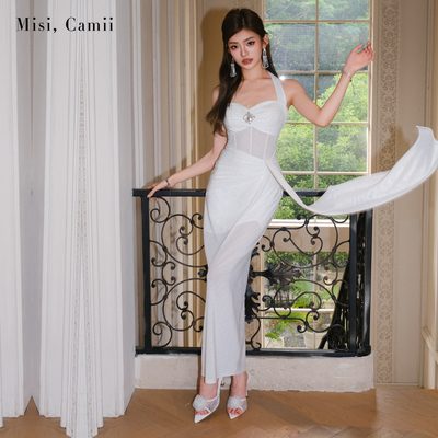 Misi.Camii钻饰挂脖烫钻长礼服裙
