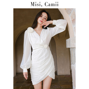 Misi.Camii名媛风气质时尚春夏新款立体花烫钻褶皱仙气女士连衣裙