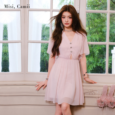 Misi.Camii烫彩钻V领短袖连衣裙