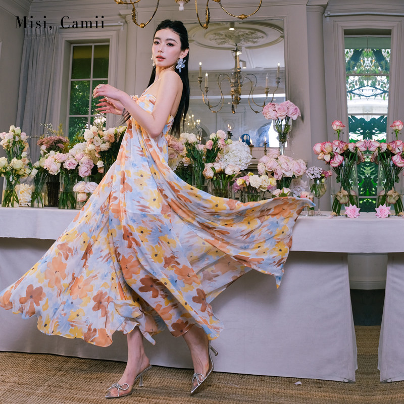 Misi.Camii2024春夏新款女士名媛时尚印花抹胸褶皱A摆长款连衣裙