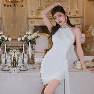 Misi.Camii2025年夏季新款女装钻饰削肩修身烫钻礼服裙高定连衣裙