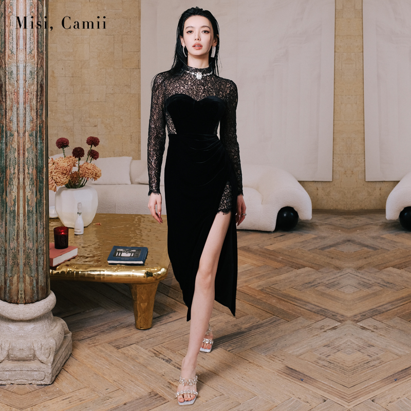 钻链蕾丝拼丝绒长礼服裙