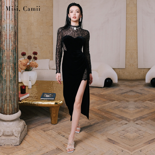 连衣裙 钻链蕾丝拼丝绒长礼服名媛时尚 Misi.Camii2024秋冬新款 女装