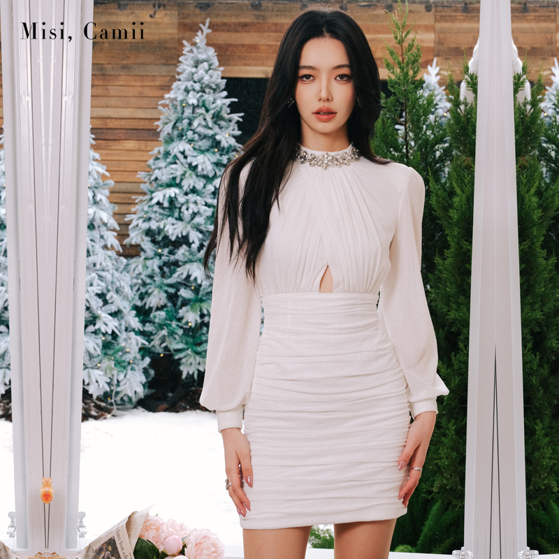 Misi,Camii名媛风包臀裙钻饰烫银