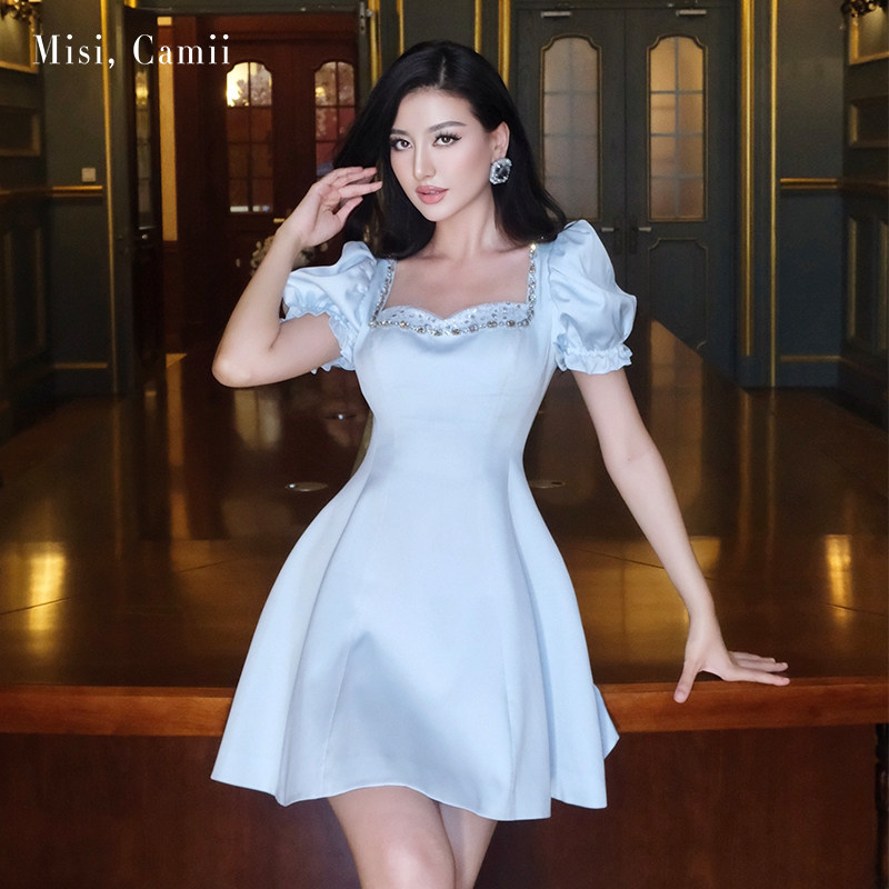 Misi.Camii珠片领口拼接连衣裙