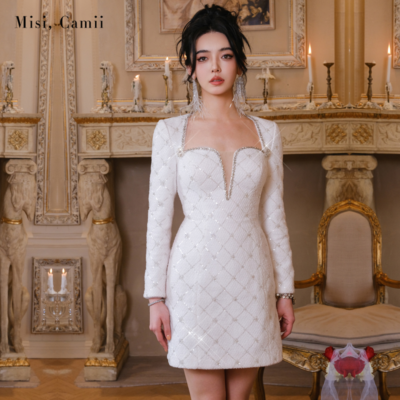 Misi.Camii钻饰珠片绣花呢连衣裙