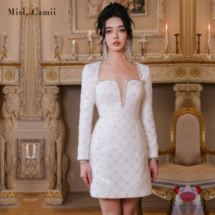 Misi.Camii2024秋冬新款女装钻饰珠片绣花呢连衣裙时尚高贵名媛风