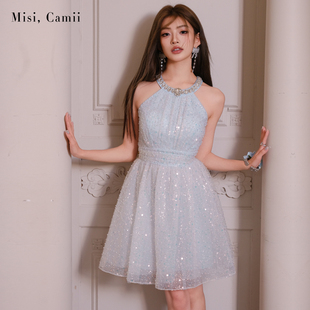 Misi.Camii2025年夏季新款女装钻饰钉珠挂脖伞摆礼服裙高定连衣裙